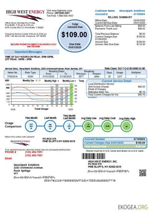 USA Wyoming High West Energy facture de services publics aux formats Word et PDF, version 2